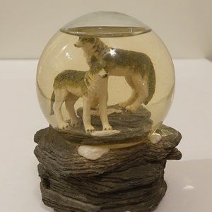 Two Wolves Snow Globe Music Box Playing "Free as the Wind" 1980's
